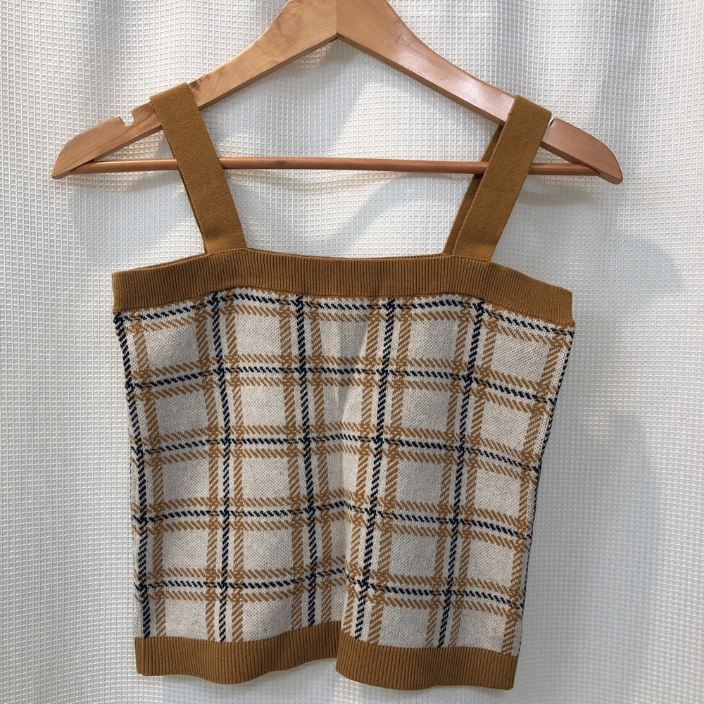 LOFT Tan and Cream Plaid Tank Top